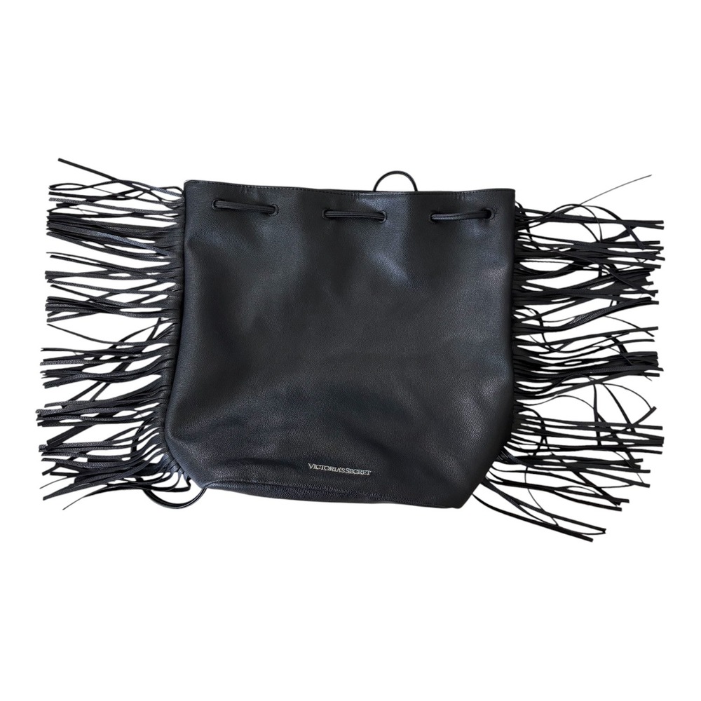 Victoria's Secret Black Pebbled Faux Leather Fringe Drawstring Backpack Western - Picture 2 of 12